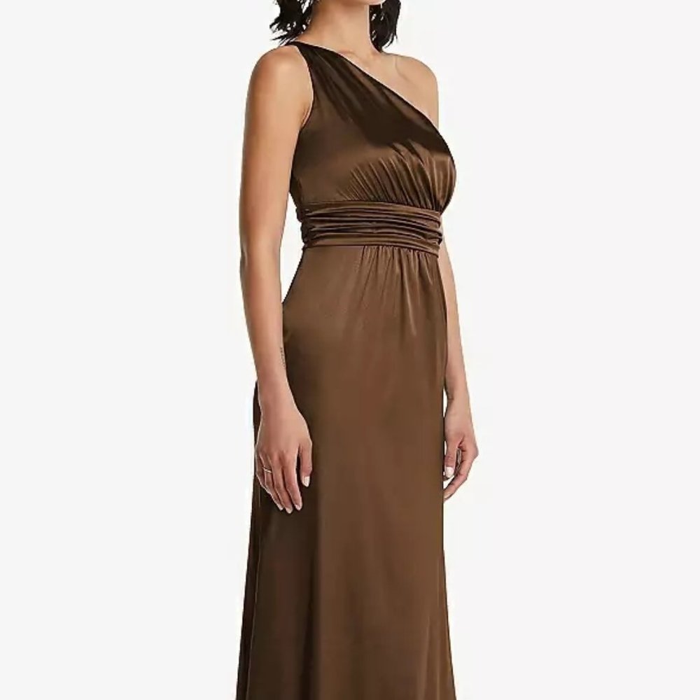 Dessy Collection TH063...One-Shoulder Draped Satin Maxi Dress...Latte...Size 8 - Picture 5 of 9